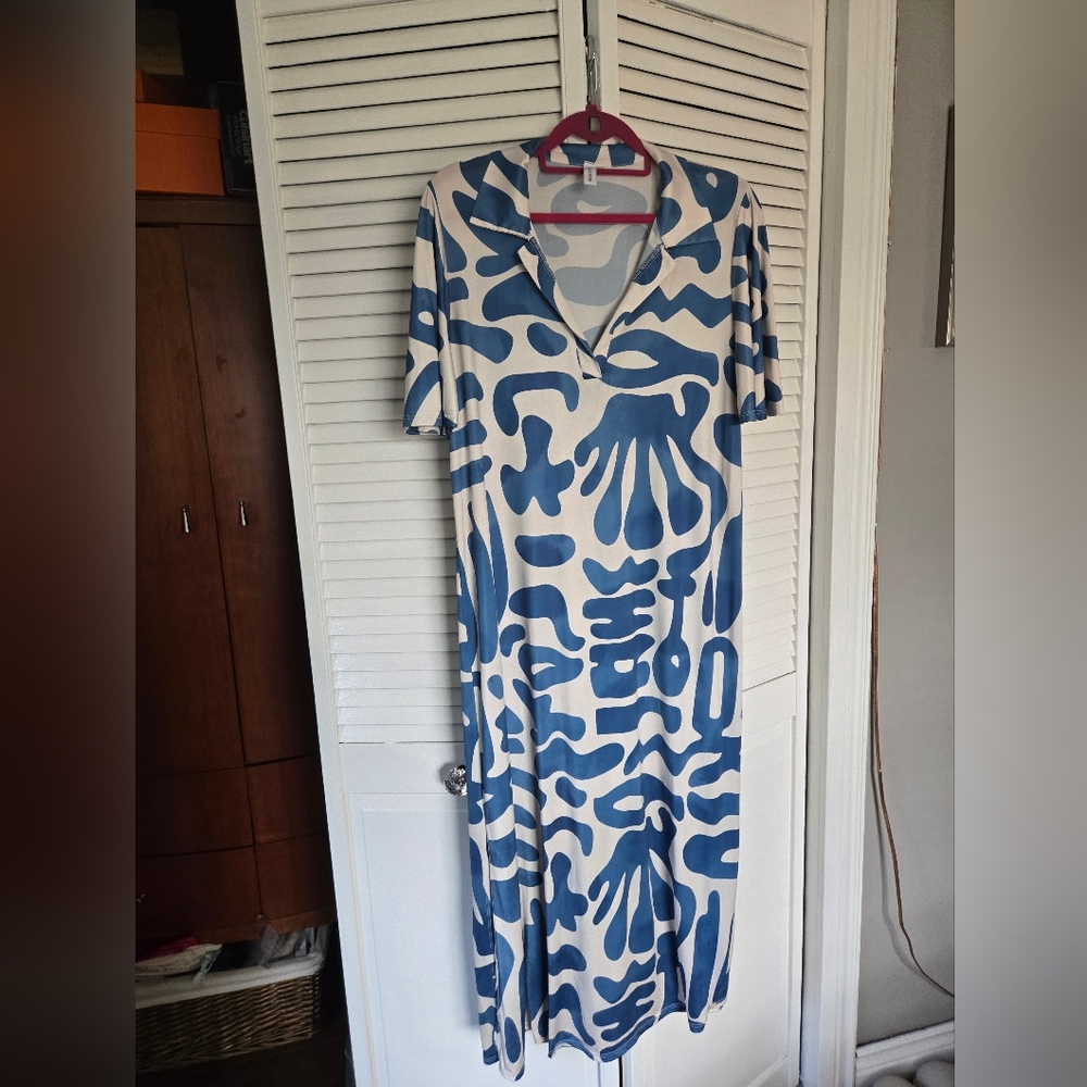 Blue and White Flutter Sleeve V-Neck Sundress